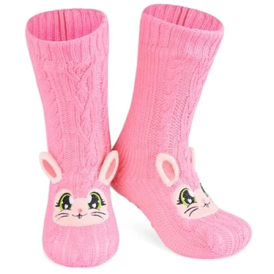 Afbeelding van Antislipsokken voor dames, winter, pantoffels, sokken, fantasiedieren, cadeau cocooning, eenheidsmaat 37 41, Roze Konijn