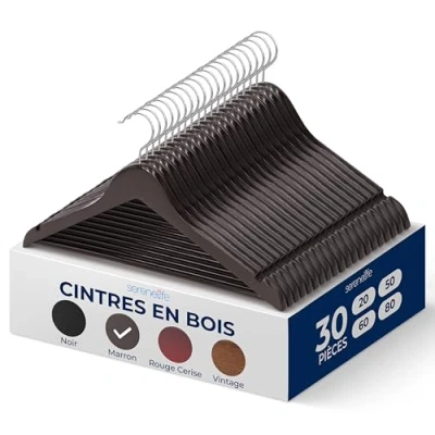 Image de SereneLife Cintres en Bois Lot de 30, Minces Économisant l&#039;Espace, Crochet Pivotant à 360, Supporte jusqu&#039;à 4,5 kg Parfaits pour Manteaux, Vestes, Pantalons et Robes Couleur Brun