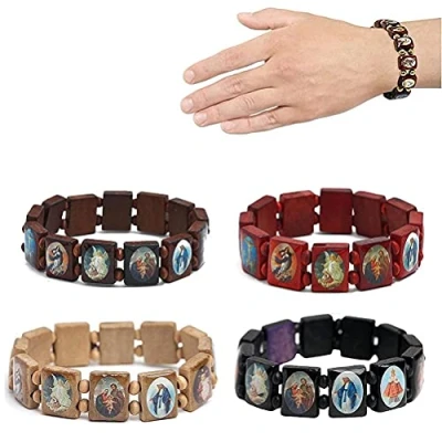 Afbeelding van Kuashidai Set van 4 elastische houten armbanden met afbeeldingen Jezus, heilige katholieke goden, godin, gebed, manifestatie, één maat, hout, Hout