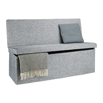 Afbeelding van Relaxdays poef met rugleuning opvouwbare opbergbank 73 x 114 38 cm halbank linnen grijs