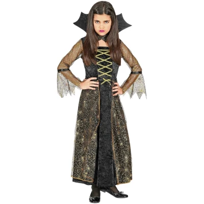 Afbeelding van Widmann Heks &amp; Spider Lady Voodoo Duistere Religie Kostuum Spiderella Spinnenweb Meisje Zwart, Goud Maat 158 Halloween Verkleedkleding