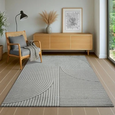 Afbeelding van the carpet Everest Modern laagpolig tapijt voor woonkamer, slaapkamer, 3D effect, hoge dichtheid en aangenaam zacht, panglao design, grijs, 80 x 150 cm