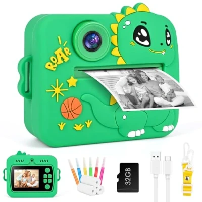 Afbeelding van GuKKK Instant camera, 2,4 inch kindercamerascherm met printpapier en kaart, 32 GB kleurrijke pennen, selfie videomodus, verjaardag, cadeau, speelgoed voor kinderen van 3 14 jaar (groen)