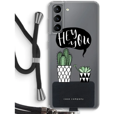 Afbeelding van Case Company® hoesje met Koord geschikt voor Samsung Galaxy S21 Hey you cactus Telefoonhoesje Zwart Bescherming aan alle Kanten en Over de Schermrand