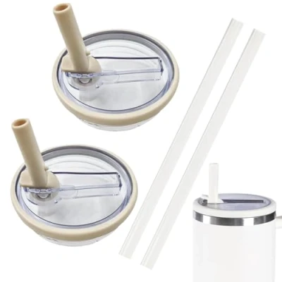 Afbeelding van NEERIX Set van 2 herbruikbare premium reservedeksels met rietje, lekvrij, stofdicht, accessoires voor Stanley mok deksel en rietje (wit)