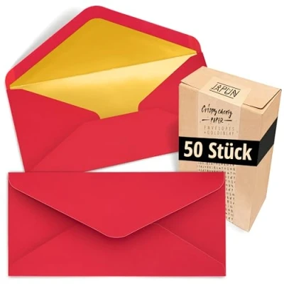 Afbeelding van Japun enveloppen (50 stuks), envelop, envelop zonder venster DIN lang 220 x 110 mm binnenkant: goud papierkleur: rood