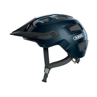 Afbeelding van ABUS MoTrip MTB helm, robuuste fietshelm met in hoogte verstelbaar vizier voor mountainbikers, individuele pasvorm, uniseks, glanzend blauw, M, 54 58 cm