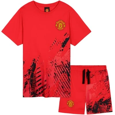 Afbeelding van Get Trend Pyjamasets voor jongens, tieners, kort, voetbal, zomer, katoenen pyjama, officiële clubs, cadeau idee voetbalfans, Manchester United rood, 11 12 jaar