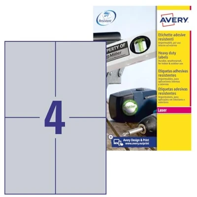 Afbeelding van Avery Zweckform L6134 20 Etiketten voor typeplaatjes 105 x 148 mm Polyester folie Zilver 80 stuk(s) Permanent hechtend Laser (zwart/wit), Kopiëren