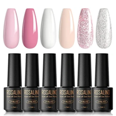 Afbeelding van ROSALIND semi permanente nagellak, glitter, 6 kleuren, mini, wit, pastel, zilver, permanent, UV, LED, soak off, gel, lente/zomer set