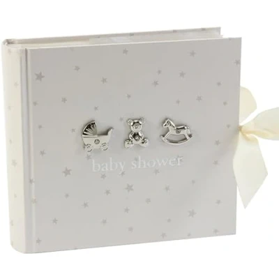 Afbeelding van Bambino Babyshower fotoalbum wit met zilveren sterren en pictogrammen 15,25 x 10 cm