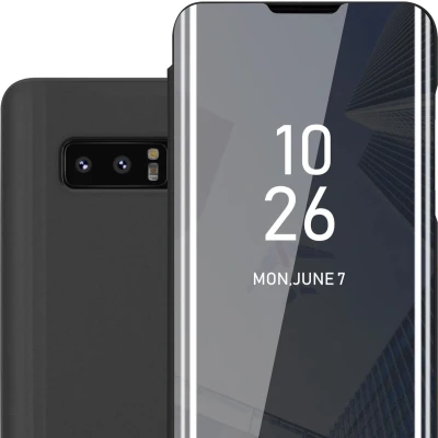 Afbeelding van Cadorabo Hoesje geschikt voor Samsung Galaxy NOTE 8 in TOERMALIJN ZWART Clear View Spiegel Beschermende Case met Tribunefunctie 360 Graden Bescherming Book Cover Etui