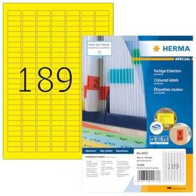 Afbeelding van Gekleurde gele etiketten, 100 vellen, 25,4 x 10 mm, 189 stuks per A4 vel, 18900 stickers, bedrukbaar, mat, blanco