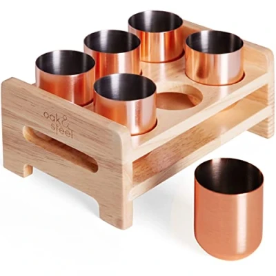 Afbeelding van Oak &amp; Steel 6 Roségouden Roestvrijstalen Shotglaasjes (50ml) met Houten Displaystandaard Koperen Borrelglazen Dienblad Cadeau voor Verjaardagen en Kerstmis