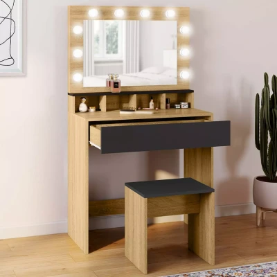 Image de Coiffeuse ZELIA hêtre et noir miroir LED avec 4 niches, 1 tiroir tabouret