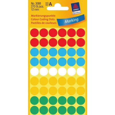 Afbeelding van Etiket Avery Zweckform 3088 rond 12mm assorti 270stuks