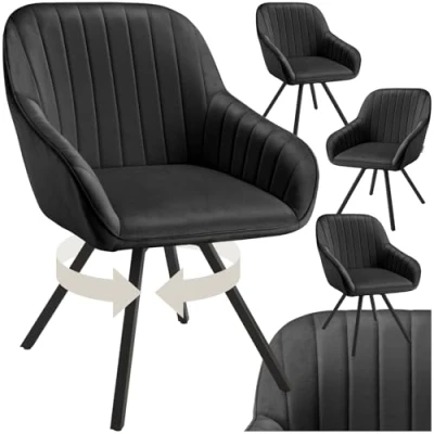 Afbeelding van tectake Set van 4 eetkamerstoelen Draaifauteuil in Fluwelen Look Woonkamerstoel, Gestoffeerde Stoel zwart