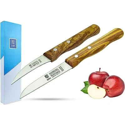 Afbeelding van keukenmes, olijfhout, schilden, groentemes, fruitmes, gebogen en rechts niet vaatwasmachinebestendig
