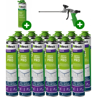 Afbeelding van Illbruck PU schuim FM350 880ml met PRO purpistool en reiniger (Set van 12 bussen)