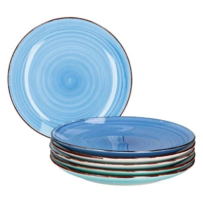 Afbeelding van MamboCat Blue Baita 6x eetborden blauw, robuust blauw aardewerk servies voor 6 personen, delige bordenset met moderne draaiknop, in leuke kleuren, blauwe plat, stuks