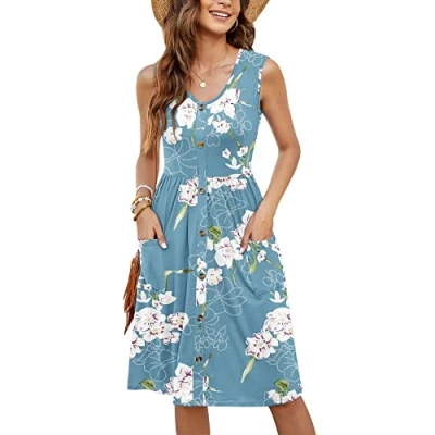 Afbeelding van MOLERANI Zomerjurk voor dames, knielang, mouwloos, V hals, zakken, casual stijl, strandjurk, Bloemen lichtblauw, L