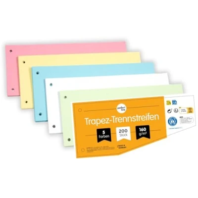 Afbeelding van perfect line 200 tabbladen voor A4 mappen, van gerecycled karton, trapeziumvorm, 5 kleuren, 2 geperforeerd, Made in Germany, Blauer Engel gecertificeerd