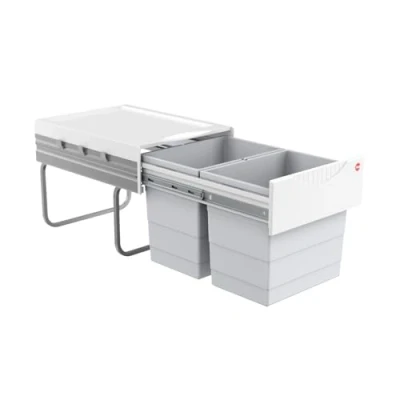 Afbeelding van Hailo 3641500 Tandem ruimtebesparende afvalemmer 2 x 18 liter kast vanaf 40 cm met draaideur 346 475 336 mm lichtgrijze kunststof onderdelen weg afvalscheidingssysteem