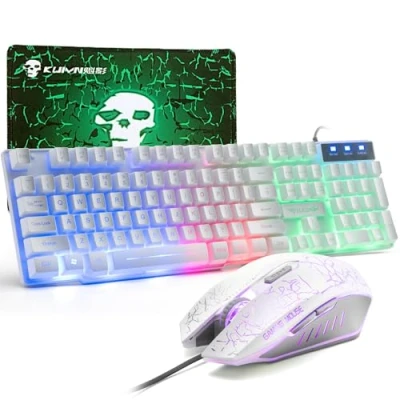 Afbeelding van QWERTY Gaming Toetsenbord en Muisset 104 Toetsen Regenboog Verlicht 2400 DPI Kleurrijke Muis 4 Knoppen Comfortabele Muismat Bedraad USB Compatibel met Windows Mac PC PS4 Wit