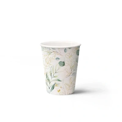 Afbeelding van Paw Wegwerpbekers van papier (250 ml), 8 stuks, ideaal voor bruiloft, kinderfeest, verjaardag, vieringen, druk op papieren bekers waterbasis, Eucaliptus goudkleurig