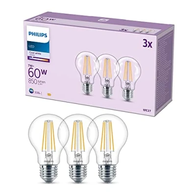 Afbeelding van Philips Set van 3 E27 ledlampen, 60 W, transparant, 4000 K, koud wit, glas