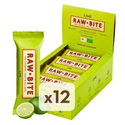 Afbeelding van RAWBITE Lime in doos van 12 stuks, veganistisch, glutenvrij en suikervrij, biologisch notenslot met limoensap (12 x 50 g)