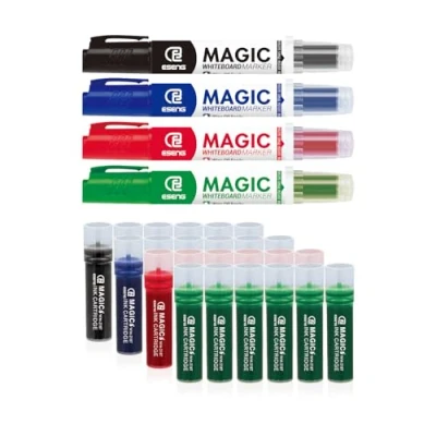 Afbeelding van ESENG® 28 stuks whiteboard markers, pakket met Magic WM 218 markers (1 x 4 kleuren) en 218T inktpatronen 6 zwart + 1 blauw rood groen)