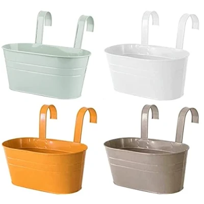 Afbeelding van 4 stuks metalen hangende bloempotten, 27,5 cm, bloemenemmer, plantentop om op te hangen, met afneembare haak voor balkon, hek, tuin, kleuren