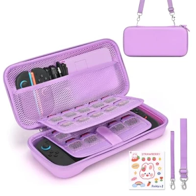Afbeelding van Younik Étui Compatible pour NS Switch 2 (2025), Housse avec 19 Emplacements Cartes de Jeu, Accessoires Comprenant Une Bandoulière, Dragonne et des Autocollants(Violet)