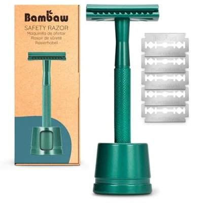 Image de Bambaw Rasoir de Sûreté Vert avec Stand Sécurité en Métal Pour Homme et Femme à Barbe, Visage, Mécanique Rasage Manuel Zéro Déchet