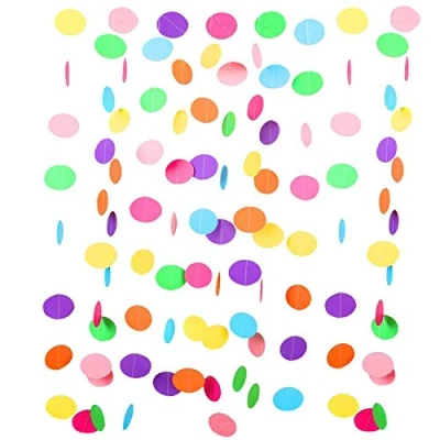 Afbeelding van Papieren slinger, rond, meerkleurig, decoratie met stippen, regenboogslingers, voor verjaardag, kinderen, 9 meter