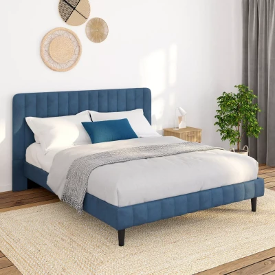 Image de lit double ANNIE avec tête de et sommier 140 x 190 cm velours bleu