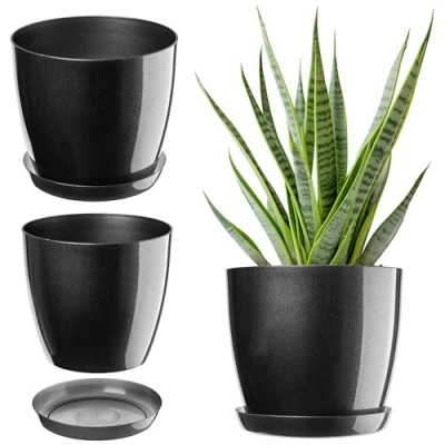 Afbeelding van KADAX Elegante plantenbak met onderzetter, rond en elegant, van lichte kunststof voor binnen thuis, plantenbak, diameter 14 cm, antraciet