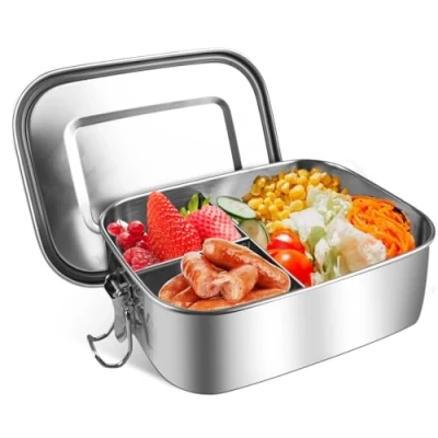 Afbeelding van HOSPAOP lunchbox van roestvrij staal met vakken, 1400 ml, lekvrij, 3 voor kinderen en volwassenen