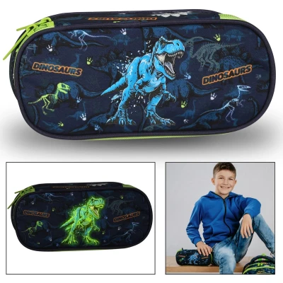 Afbeelding van Marineblauw, COMBINED school etui, glow in the dark FLUO, zakje voor jongen, dinosaurussen 5x22x10cm