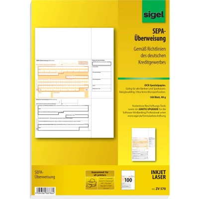 Afbeelding van Sigel PC SEPA overschrijving/ZV570 A4 speciaal OCR papier, MP 90 g inh. 100 vel