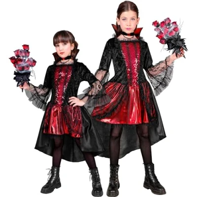 Afbeelding van Widmann Vampier &amp; Dracula Kostuum Bloeddorstige Hertogin Bloedtand Meisje Rood, Zwart Maat 128 Halloween Verkleedkleding