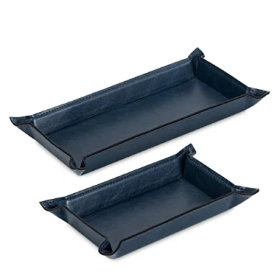 Afbeelding van Navaris 2x tray van imitatieleer Set 2 imitatieleren organizers Dienblad voor sleutels, telefoon en portemonnee Rechthoekig plateau Blauw