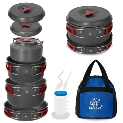 Afbeelding van 13 delige camping kookgerei meetset outdoor wandelen backpacken uitrusting gemakkelijk opvouwbaar duurzaam aluminium koksset met potpan elektrische waterkoker draagtas