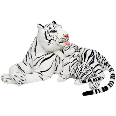 Afbeelding van BRUBAKER Pluchen tijger 100 cm met baby liggend moeder kind pluche wit