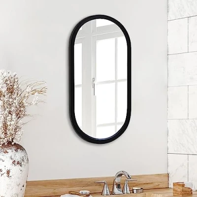 Afbeelding van Americanflat ovale spiegel met zwart frame, 30 x 60 cm, badkamerspiegel, zwarte voor woonkamer en slaapkamer, wandspiegel modern afgerond frame ophangmateriaal