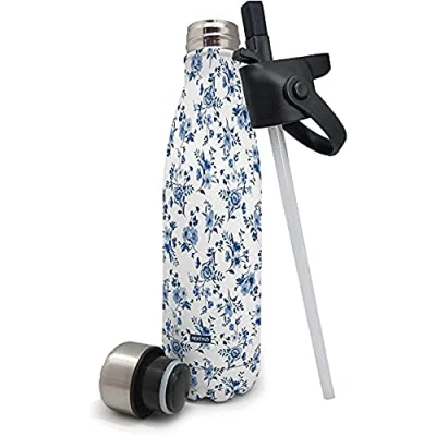 Afbeelding van Nerthus Dubbelwandige thermosfles van 18/8 roestvrij staal, voor koude en warme dranken, BPA vrij, inclusief dop met rietje Blauwe bloemen, 500 ml