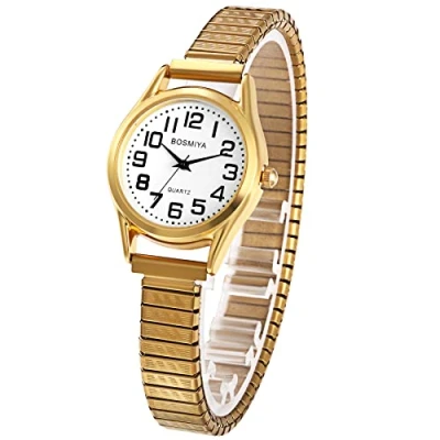 Afbeelding van JewelryWe Uitbreidbaar polshorloge voor heren, grote cijfers, eenvoudig en elegant, elastisch, kwarts, ultra helder gemakkelijk te lezen ouderen slechtzienden, Roestvrij staal #2 goud