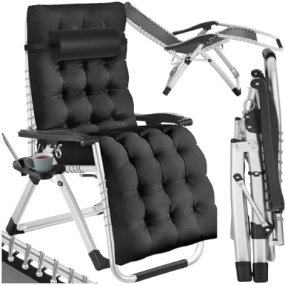 Afbeelding van tectake® ligbed opklapbare ligstoel, tuinligstoel, traploos verstelbaar, buitenfauteuil voor balkon of tuin, ligstoel met extra dik kussen, relaxligstoel belastbaar tot 200 kg (zwart)