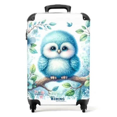 Afbeelding van NoBoringSuitcases.com Kinderkoffer Blauw uilenjong op tak Past binnen 55x40x20 cm en 55x35x25 Handbagage Trolley wieltjes Reiskoffer met wielen Rolkoffer Kindertrolley jongen Koffer kinderen